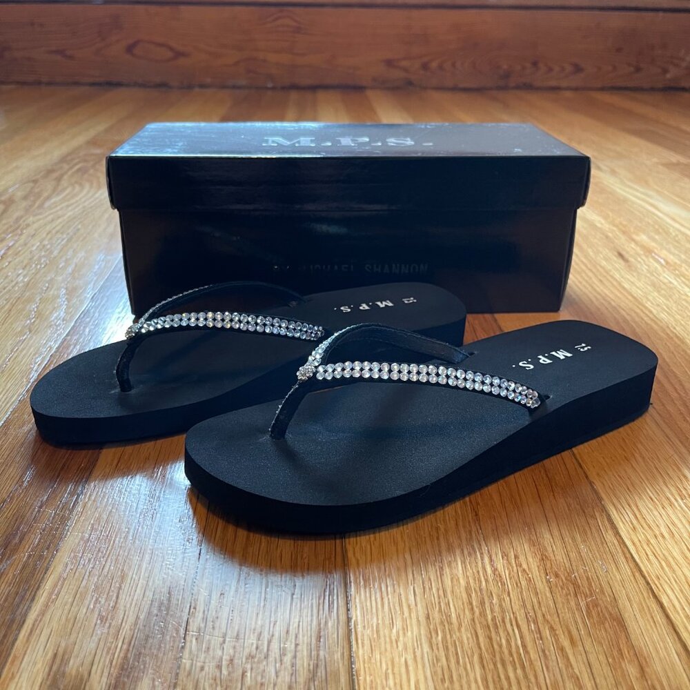 Black Rhinestone Flip Flops Size 7.5 NWT Glam Sparkly Dress Sandals